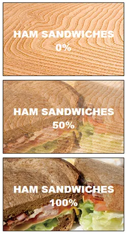 crossfade()を0%、50%、100%と指定したときの表示。